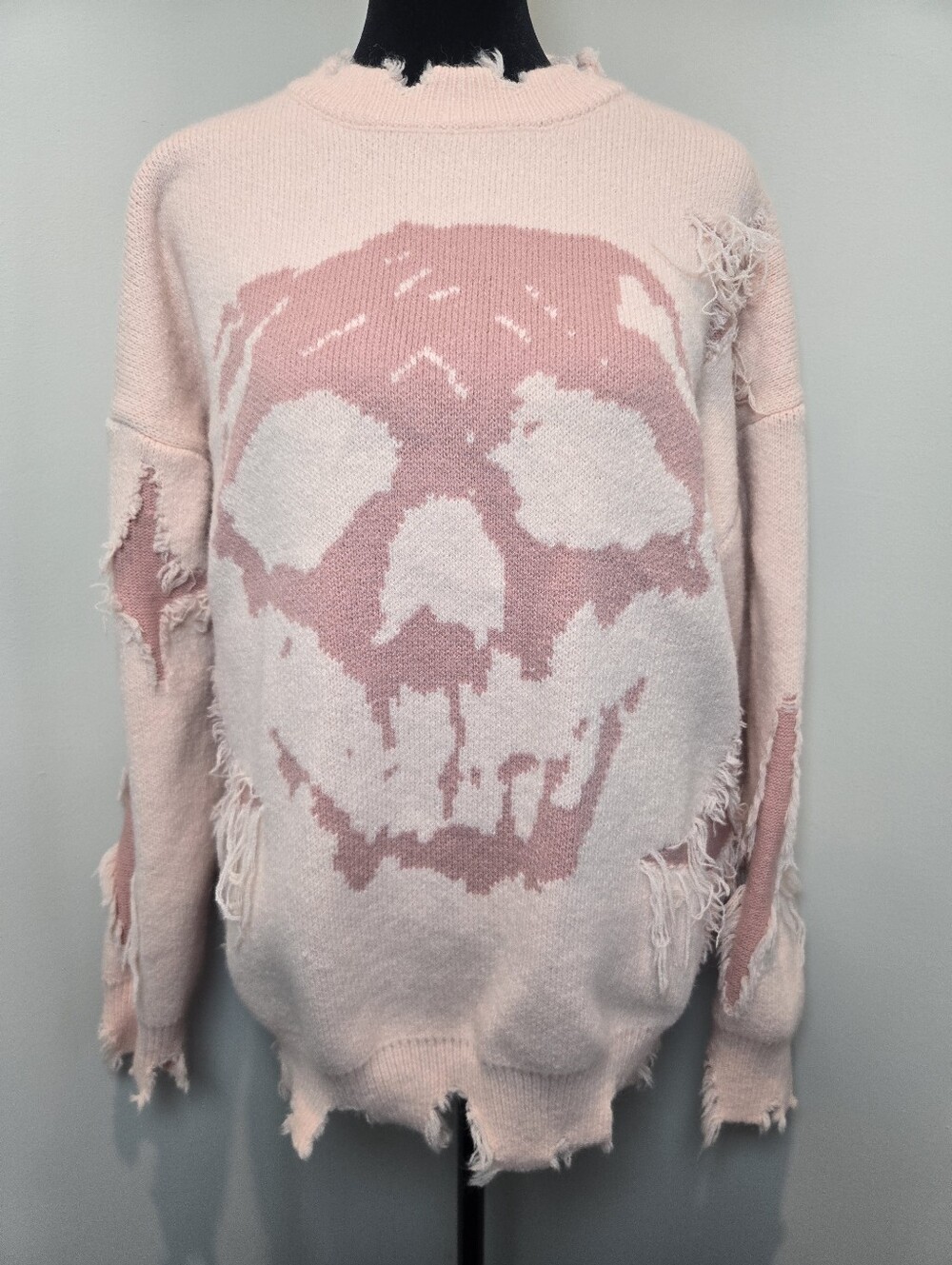 Skull Sweater Distressed Fringed Pink Gotchic Top Y2k Streetwear